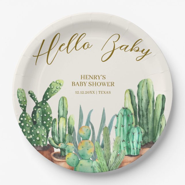 Watercolor Boho Desert Cactus Garden Baby Shower  Paper Plate (Front)