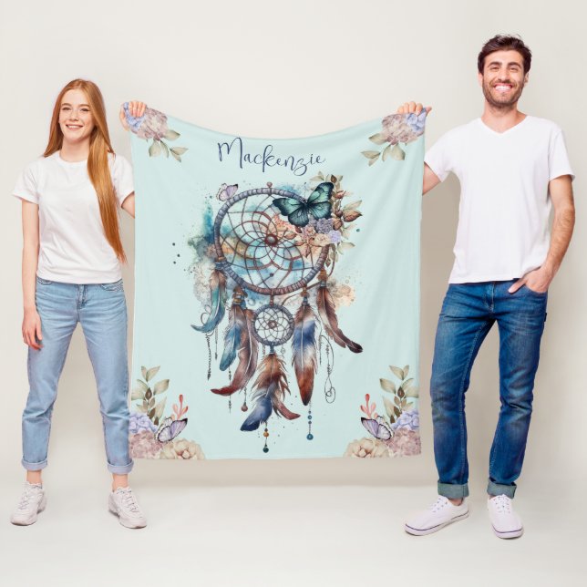 Watercolor Boho Dreamcatcher Personalized Name Fleece Blanket (In Situ)