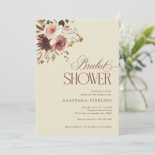 Watercolor Boho Fall Burgundy Floral Bridal Shower Invitation