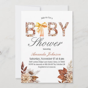 Watercolor Boho Fall Floral Bow Baby Shower Invitation