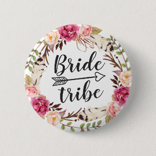 Watercolor Boho Feather Floral Wreath Bride Tribe 2 Inch Round Button