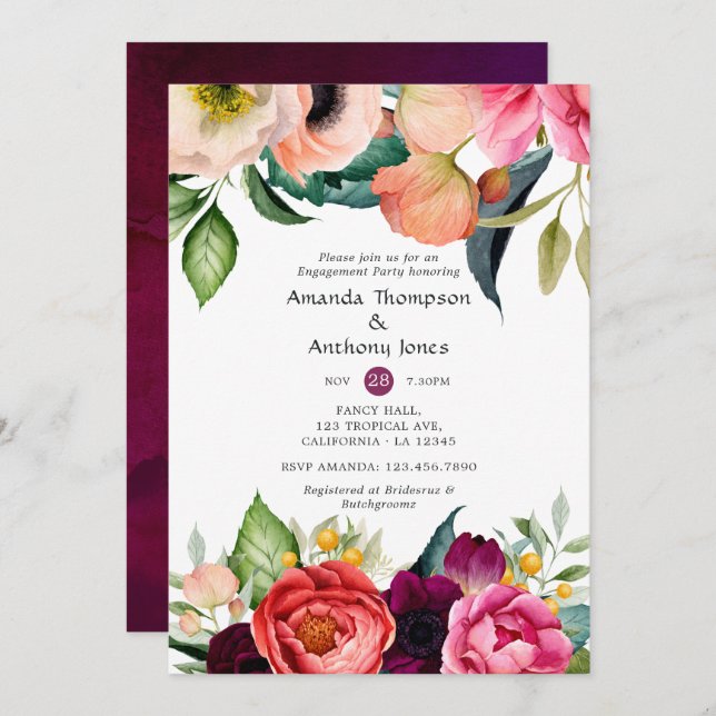 Watercolor Boho Floral Engagement Party Invitation (Front/Back)