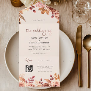 Watercolor Boho Floral Fall Autumn QR Code Website All In One Invitation