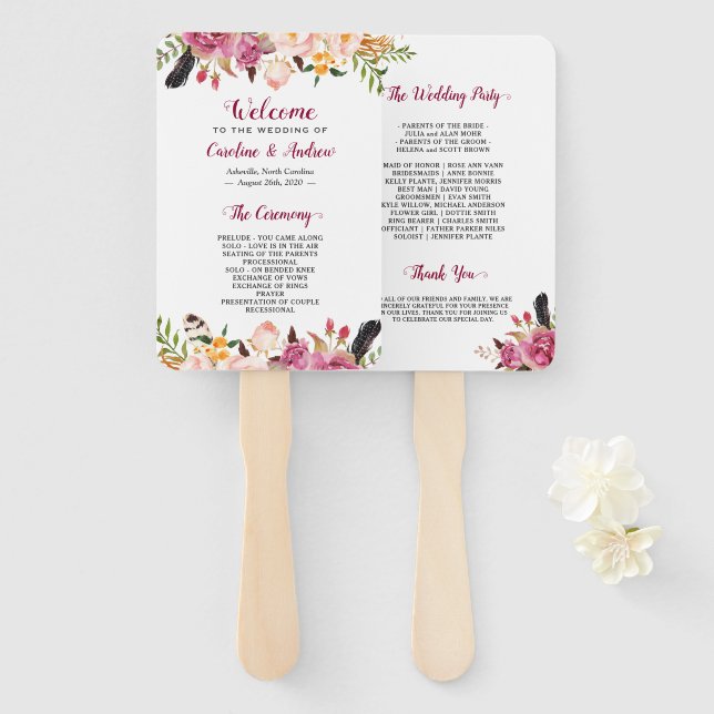 Watercolor Boho Floral Feather Wedding Program Hand Fan (Front and Back)