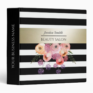 Watercolor boho floral gold black white stripes binder