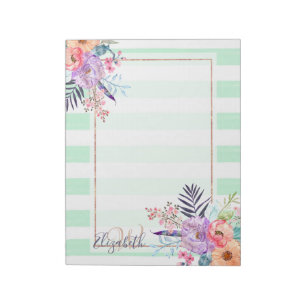 Watercolor Boho floral, leaves, stripes hand paint Notepad