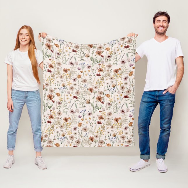 Watercolor Boho Floral Pattern Fleece Blanket (In Situ)