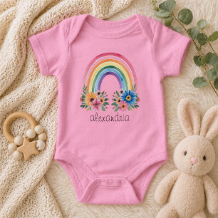 Watercolor Boho Floral Rainbow Baby Bodysuit