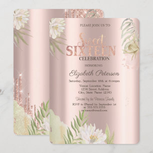 Watercolor Boho Floral Rose Gold Sweet 16  Invitation