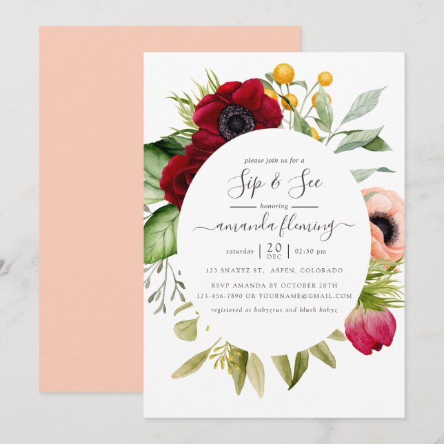 Watercolor Boho Floral Sip and See Invitation (Front/Back)