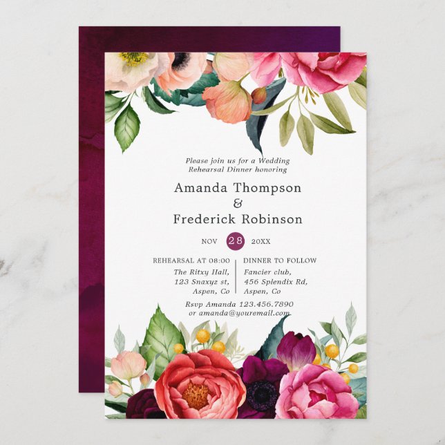 Watercolor Boho Floral Spring Rehearsal Dinner Invitation (Front/Back)