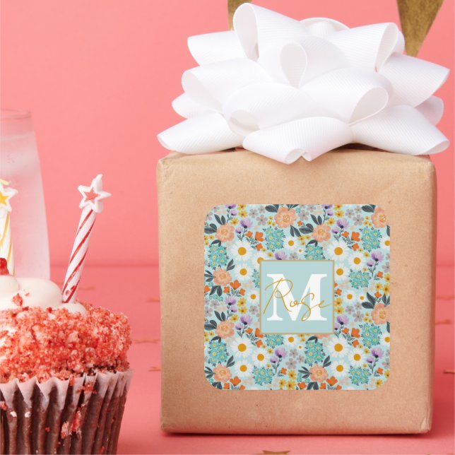 Watercolor Boho Floral Square Sticker (Party)