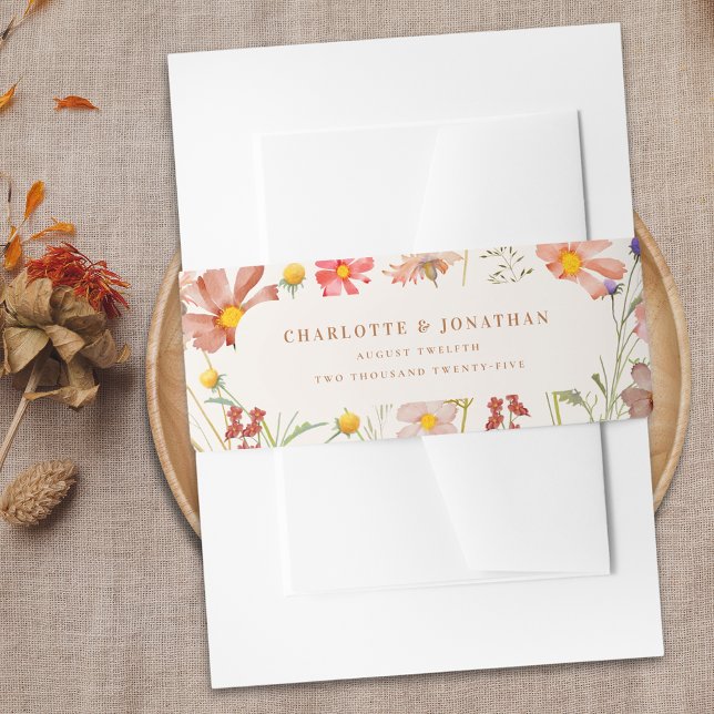 Watercolor Boho Floral wedding  Invitation Belly Band (Boho rustic floral fall custom Wedding belly bands watercolor wildflowers elegant modern)