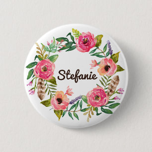 Watercolor Boho Floral Wreath Personalized 2 Inch Round Button