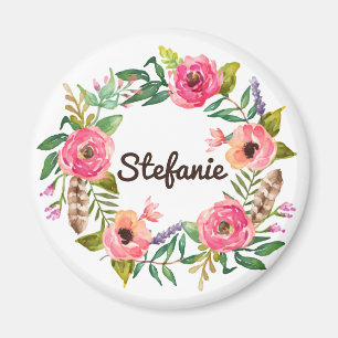 Watercolor Boho Floral Wreath Personalized Magnet