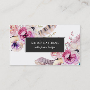 Watercolor Boho Flowers and Feathers Professional Business Card