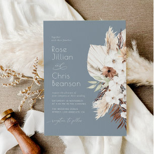 Watercolor boho flowers dusty blue wedding invitation