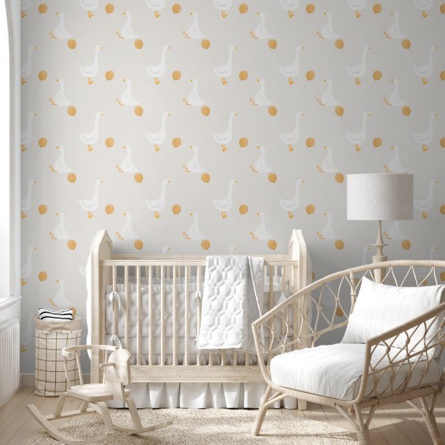 Watercolor Boho Goose Balloon White Beige Nursery Wallpaper (Kids)