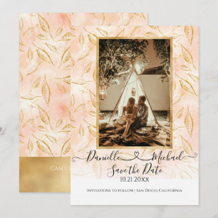 Watercolor BOHO Leaf Foliage Pink Gold Glitter Save The Date
