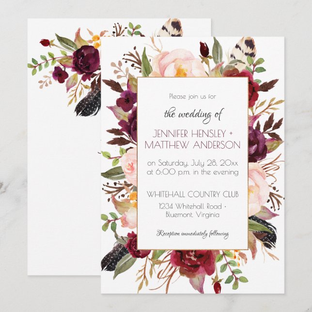 Watercolor Boho Marsala Red Burgundy Roses Frame | Invitation (Front/Back)