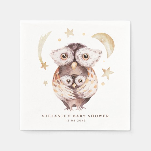 Watercolor Boho Mommy and Baby Owl Baby Shower Napkin (Front)