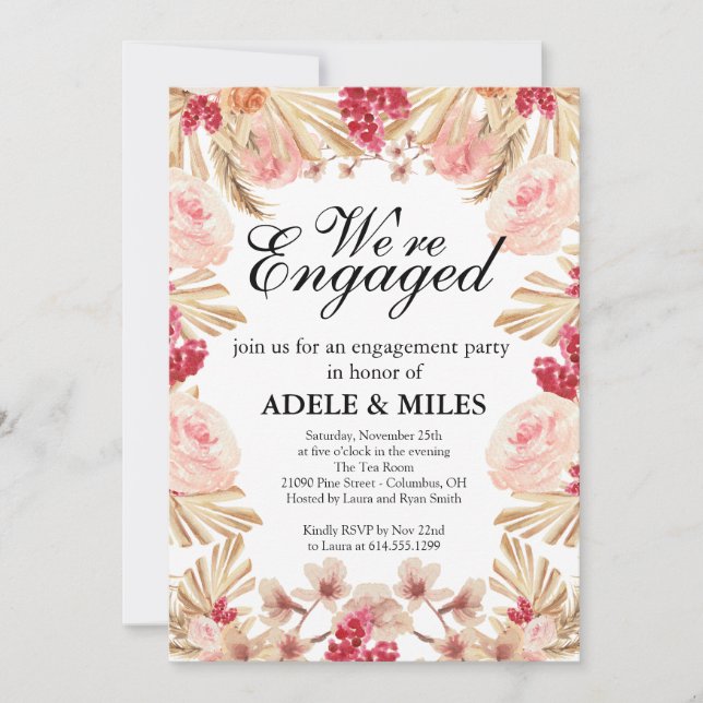 Watercolor Boho Pampas Grass Engagement Party Invitation (Front)