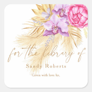 Watercolor boho pampas grass, for the library of square sticker