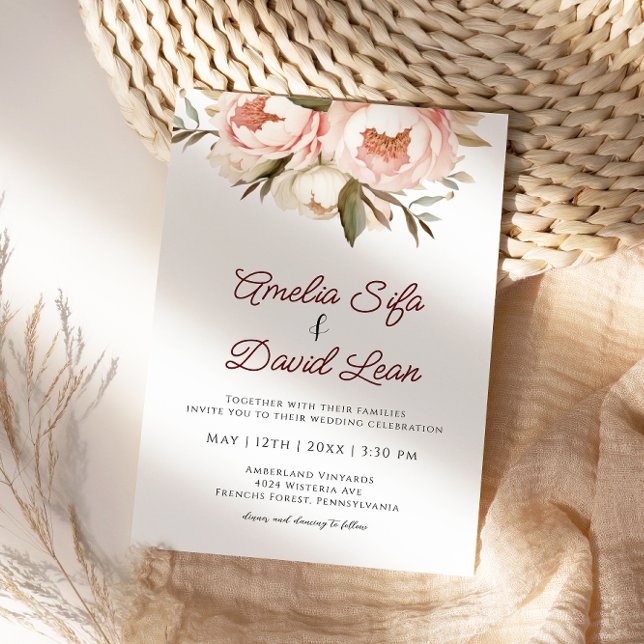Watercolor Boho Peonies Floral Wedding Invitation (Creator Uploaded)