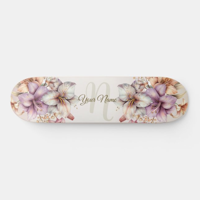 Watercolor Boho Pink Flowers Elegant Stylish Skateboard (Horz)