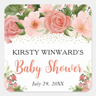 Watercolor Boho Pink Roses Boho Baby Shower Square Sticker