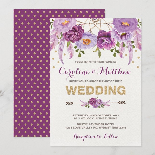 Watercolor Boho Purple Floral Wedding Invitation (Front/Back)