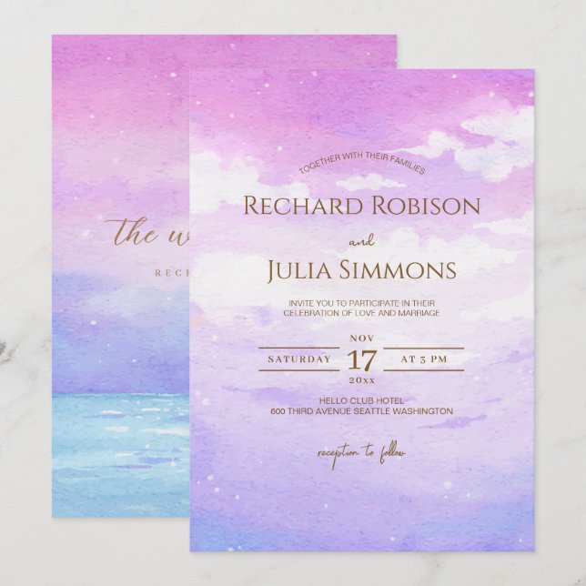 Watercolor Boho Purple Pink Sky Wedding Invitation (Front/Back)