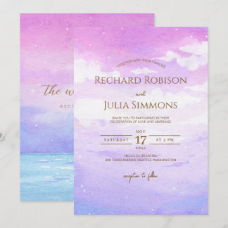 Watercolor Boho Purple Pink Sky Wedding Invitation