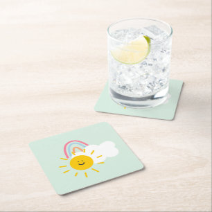 Watercolor Boho Rainbow and Sun  Square Paper Coaster