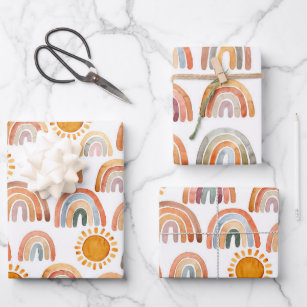 Watercolor Boho Rainbow and Sun  Wrapping Paper Sheet