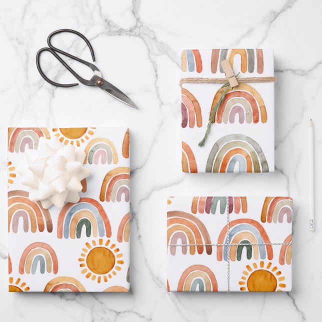 Watercolor Boho Rainbow and Sun  Wrapping Paper Sheet (Front)