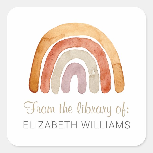 Watercolor Boho Rainbow Personalized Bookplate  Square Sticker (Front)