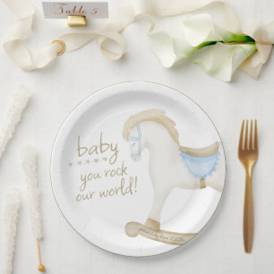 Watercolor Boho Rocking Horse Baby Shower Paper Plate