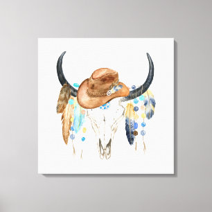 Watercolor Boho Skull and Cowboy Hat Canvas Print