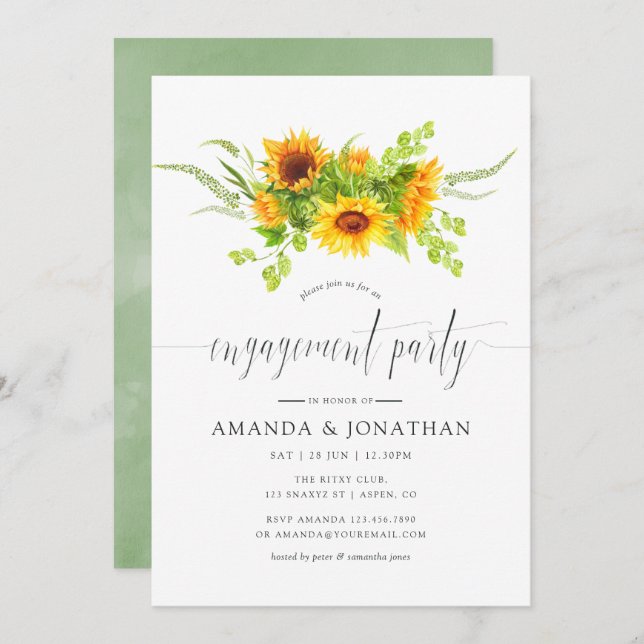Watercolor Boho Sunflowers Engagement Party Invitation (Front/Back)