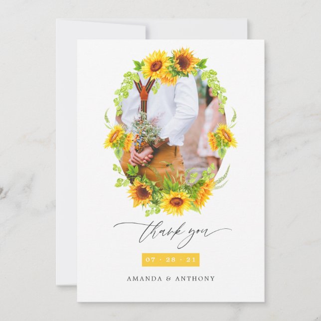 Watercolor Boho Sunflowers Wedding Photo Thank You Card (Front)