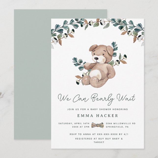 Watercolor Boho Teddy Bear Greenery Baby Shower Invitation (Front/Back)