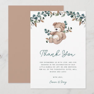 Watercolor Boho Teddy Bear Greenery Baby Shower  Thank You Card