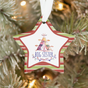 Watercolor Boho Teepee Big Sister Christmas Ornament