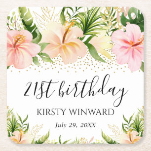Watercolor Boho Tropical Pink Flowers Birthday Square Paper Coaster