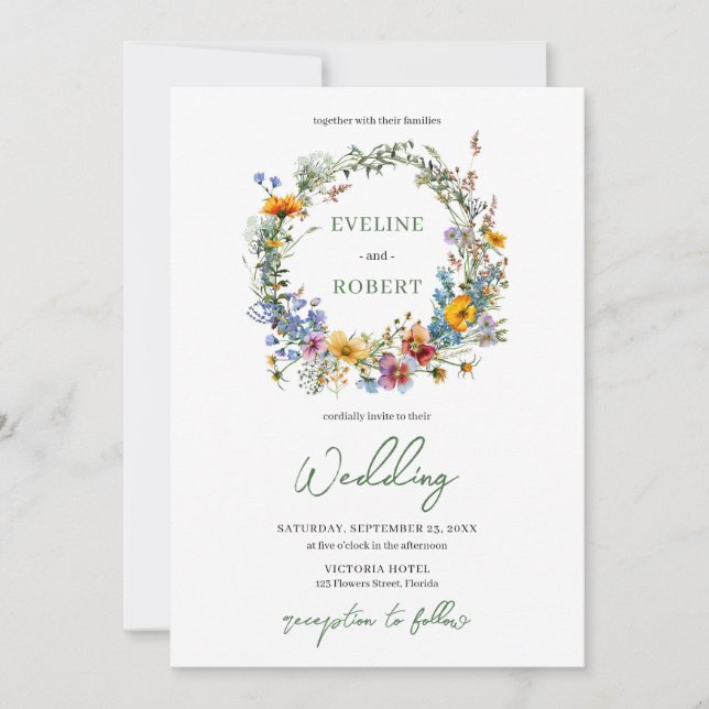 Watercolor Boho wild flowers wreath floral Invitation (Front)