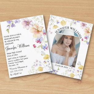Watercolor Boho Wildflower Floral Photo Graduation Invitation