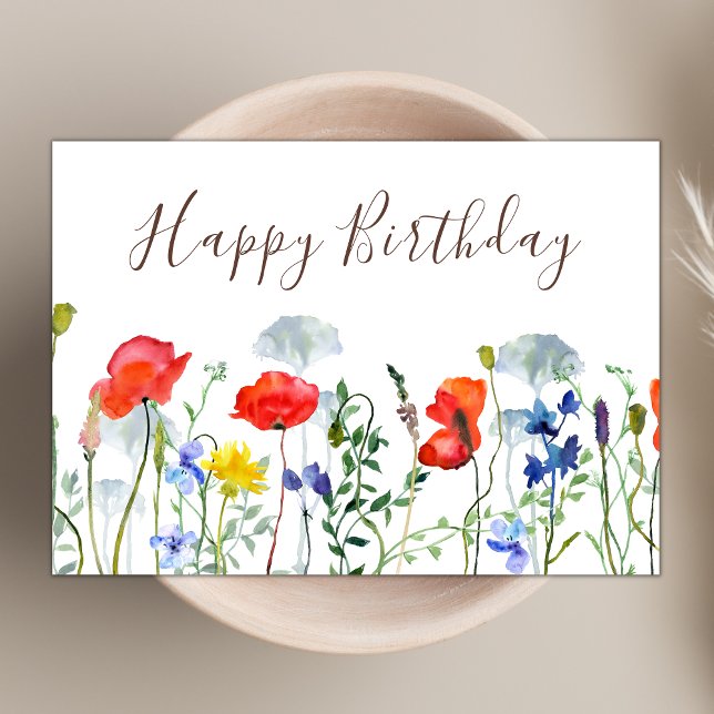 Watercolor Boho Wildflower Poppies Happy Birthday Card (Creator Uploaded)