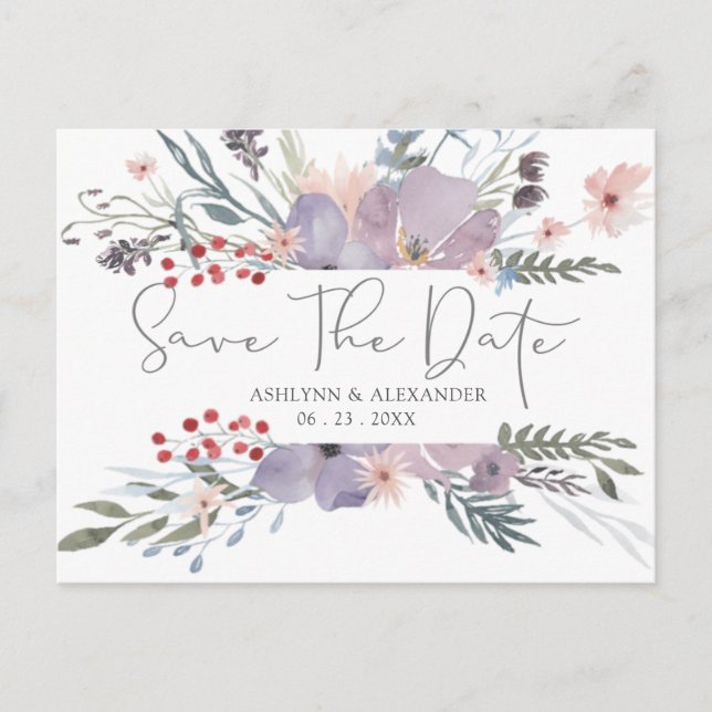 Watercolor Boho Wildflowers SAVE THE DATE Postcard (Front)