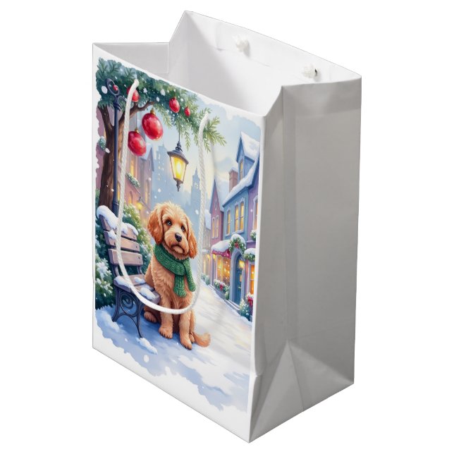 Watercolor Bolognese Festive Town Bench Christmas  Medium Gift Bag (Front Angled)